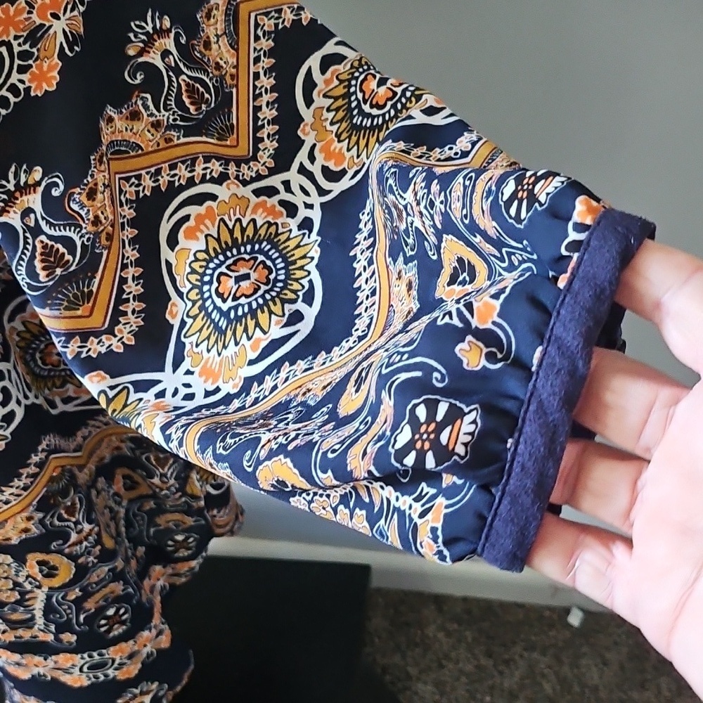 Valerie Stevens Navy, Orange, and Gold Patterned Popover Blouse - Picture 6 of 14
